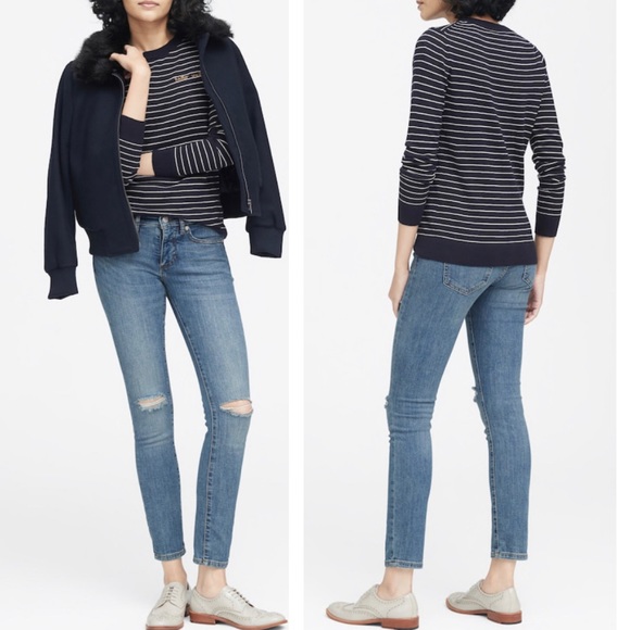 Banana Republic HELLO WEEKEND Silk Cashmere Sweater ~ Navy Blue w/ White Stripes - Picture 2 of 10